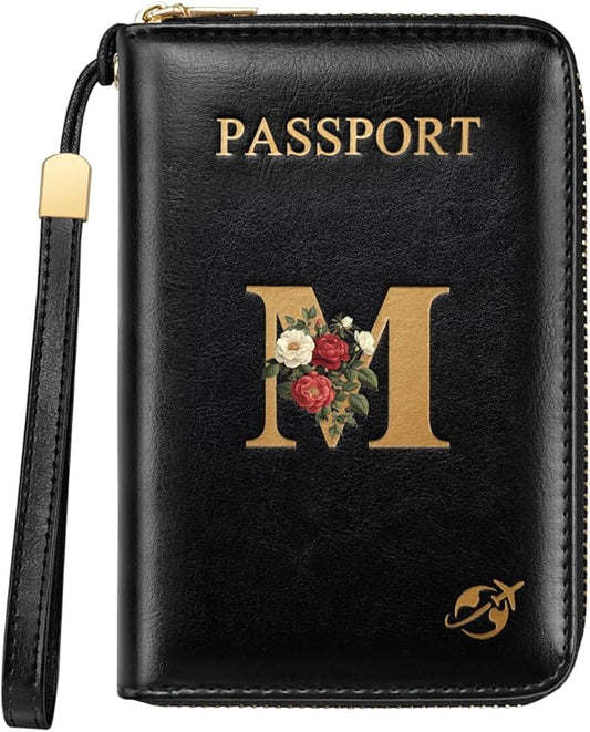 Passport Holder Cover Wallet with Zipper Personalized Initial Letter M Rose Flower RFID Blocking Travel Wallets Credit Car...