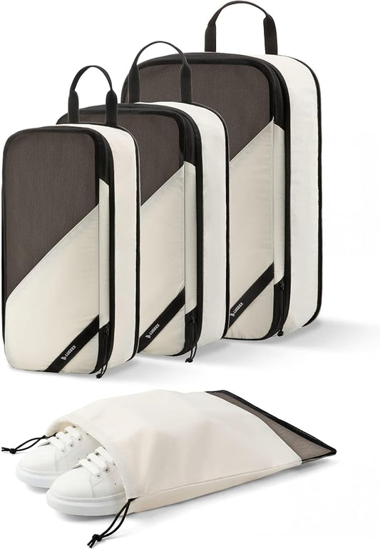 LUGGEX 4 Set Compression Packing Cubes for Travel, Lightweight Luggage Organizers Bags, Suitcase Organizer with Shoe Bag T...