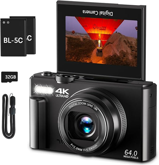 4K Digital Camera for Photography, 64MP Vlogging Camera for YouTube with 3" 180° Flip Screen, 18X Digital Zoom Point and S...