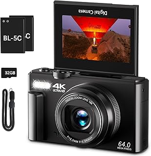 4K Digital Camera for Photography, 64MP Vlogging Camera for YouTube with 3" 180° Flip Screen, 18X Digital Zoom Point and S...