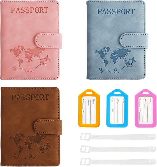 JIABEIUS 3pcs Passport Holder with Luggage Tags, Pu Leather Travel Passport Cover, Waterproof Travel Wallet with RFID Bloc...