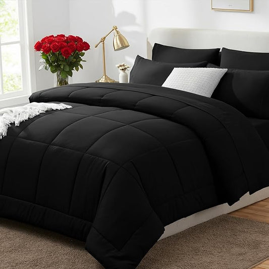CozyLux Queen Comforter Set Black, 7 Pieces Bed in a Bag, Black Comforter Queen Size, All Season Bedding Sets with Stitch ...
