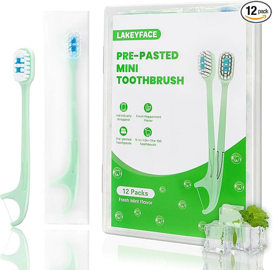 Lakeyface 5-in-1 Travel Toothbrush Set, Prepasted Disposable Mini Toothbrushes with Toothpaste + Tongue Scrapers + Floss +...