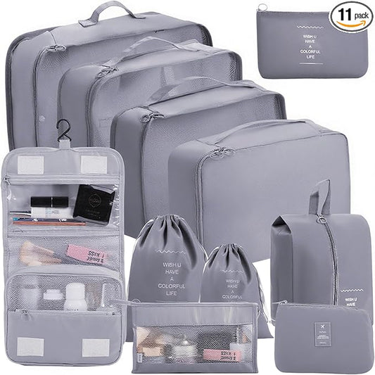 11 Set Packing Cubes for Travel Essentials, Suitcase Organizer Bags for Airplane Road Trip Camp - Grey