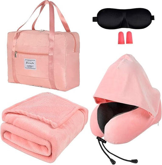 Travel Blanket Pillow Set - Travel Neck Pillow & Blanket for Airplane, Thick Fleece Plane Blanket, Hooded Memory Foam Neck...