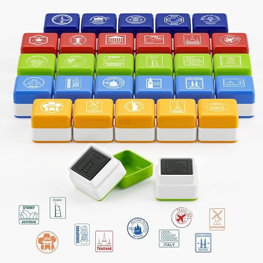 28 Pcs Passport Stamps for Kids with Storage Box – City and Country Rubber Stamp Set for Learning, Travel Theme, Arts and ...