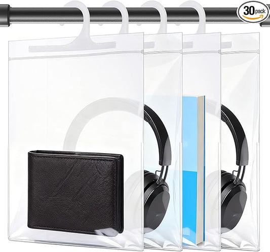 30 Pcs Large Hook Hanging Storage Bags, 13x9.84 Inch Clear Reusable Plastic Bags, Waterproof Dustproof Pouches for Classro...