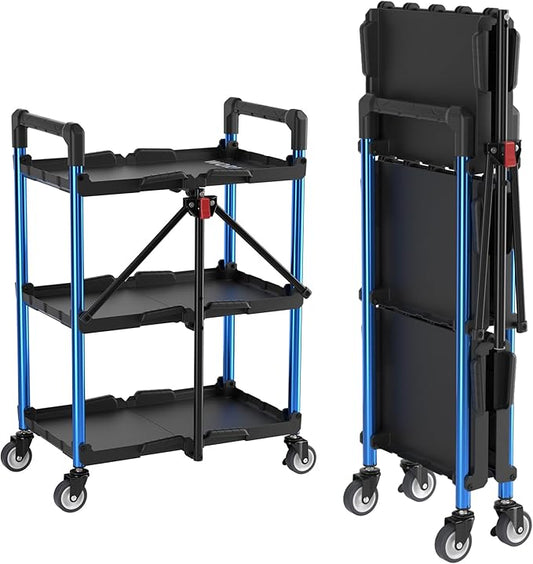 WORKPRO 3-Tier Collapsible Service Cart, 210 LBS Foldable Utility Service Cart with Wheels, Portable Tool Cart for Garage,...