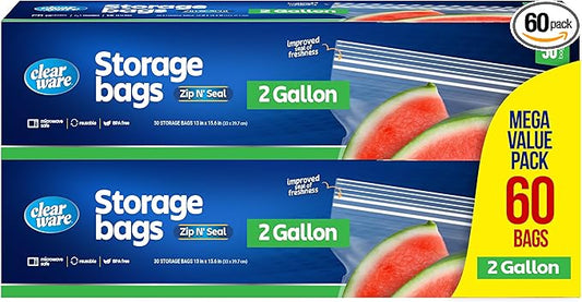 2 Gallon Storage Bags, Double Zipper Seal - 60 Count, Resealable Thick Plastic Food Storage Bags - Microwave-Safe, Zero BP...