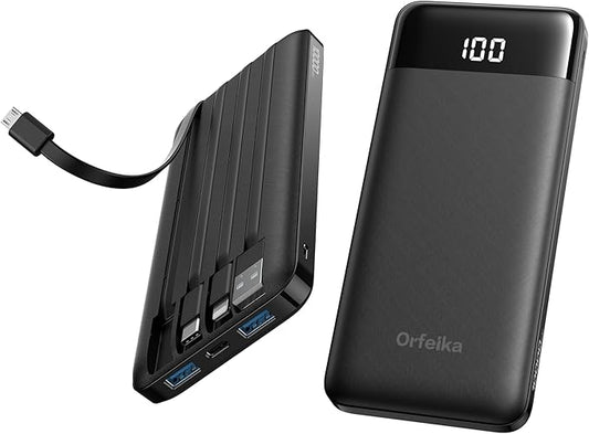 Orfeika Portable Phone Charger, 10000mAh Portable Charger Power Bank with Built-in Cables, Travel Essential Battery Pack C...