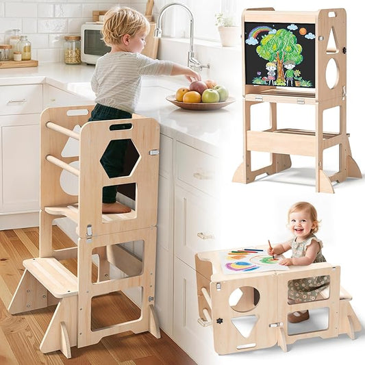 Woodure 4-in-1 Toddler Kitchen Step Stool, Foldable Learning Standing Tower with Blackboard, Wooden Kitchen Stool Helper f...
