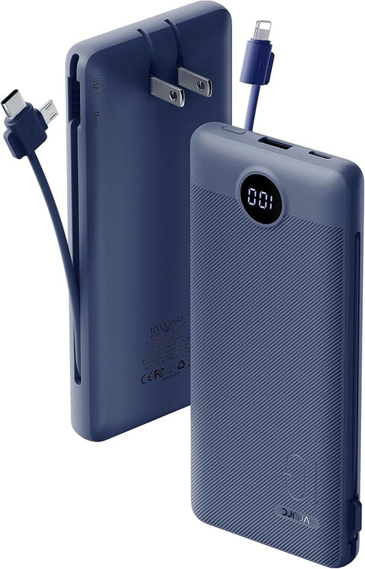 VRURC Portable Charger Built-in Cables and AC Wall Plug, USB C Power Bank 10000mAh, Travel Battery Portable Phone Charger ...