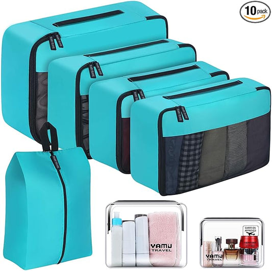 YAMIU Packing Cubes for Suitcases, 7 Pcs luggage organizer bags with Shoe Bag, 2 Waterproof Travel Toiletry Bags, Travel C...