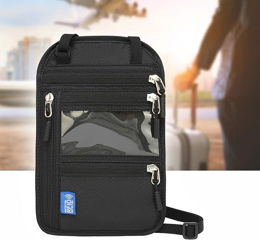 RFID Blocking Neck Wallet – Passport Holder with Multiple Pockets, Nylon Travel Pouch(Black A)