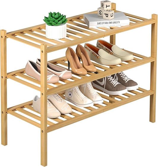 ROMGUAR CRAFT 3 Tier Bamboo Shoe Rack for Closet Free Standing Wood Shoe Shelf Storage Organizer for Entryway Small Space ...