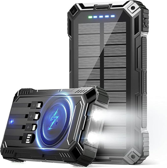 jskei Power Bank 49800mAh Solar Portable Charger Wireless Charging USB-C 15W Fast Charging with 4 Built-in Cables LED Flas...