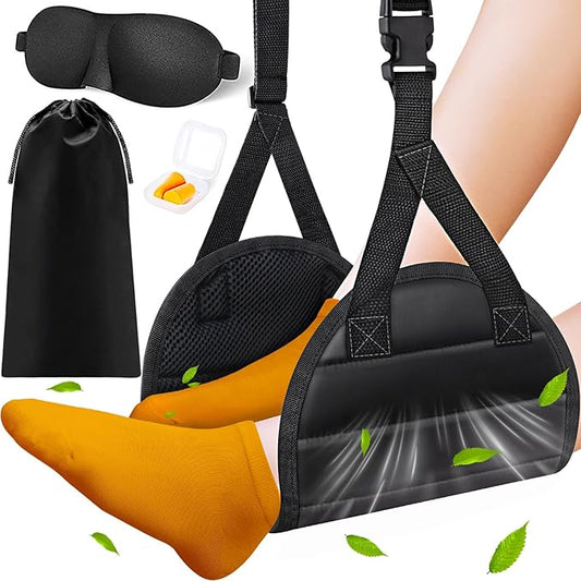 CushZone Foot Hammock Airplane Foot Rest for Train, Length Adjustable Travel Essentials with Eye Mask and Earplugs, Desk F...