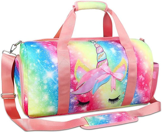 Gym Travel Duffle Bag for Girls - Gymnastics Sports Dance Bag with Shoe Compartment & Wet Pocket Unicorn Kids Travel Bag T...