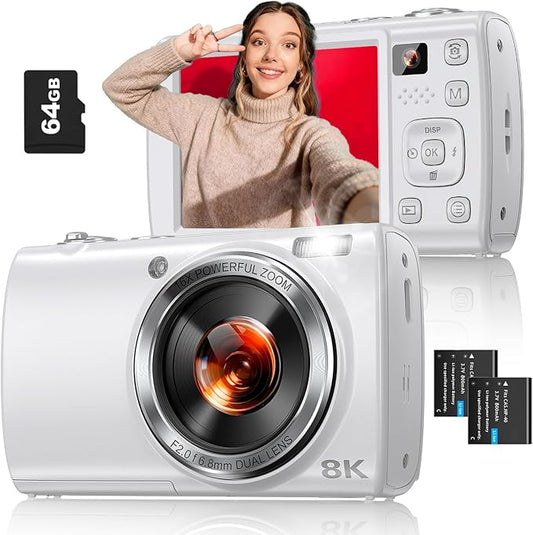 8K Digital Camera for Photography, 88MP WiFi Vlogging Camera for YouTube with Front Rear Lens, Autofocus, 16X Zoom, Compac...