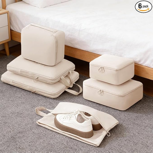 6-Piece Travel Compression Packing Cube Set - Lightweight Luggage Organizer Bags for Clothing Sorting - Durable Washable S...