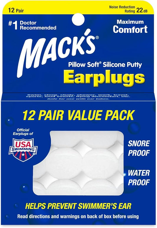 Mack's Pillow Soft Silicone Earplugs, 12 Pair – The Original Moldable Silicone Putty Ear Plugs for Sleeping, Snoring, Swim...