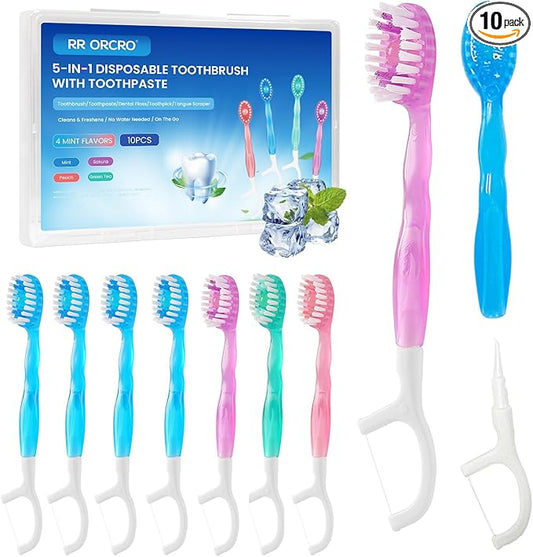 10Pack Disposable Toothbrushes with Toothpaste 5-in-1 Mini Travel Toothbrush with Tongue Scraper + Floss + Pick Individual...