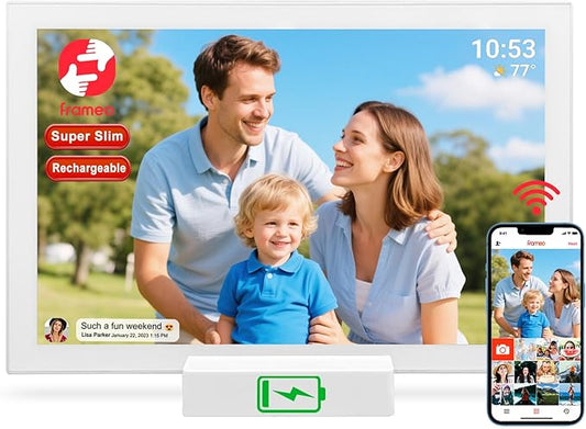 FRAMEO WiFi Digital Picture Frame with Battery 10.1 inch Super Slim,Rechargeable Photo Frame,32GB HD IPS Touchscreen, Aut...