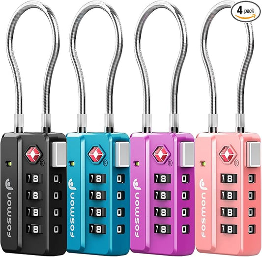 Fosmon Luggage Locks TSA Approved for Luggage & Suitcase, 4 Digit Mini Cable Locks Long Wire Padlock with 4 Combinations a...
