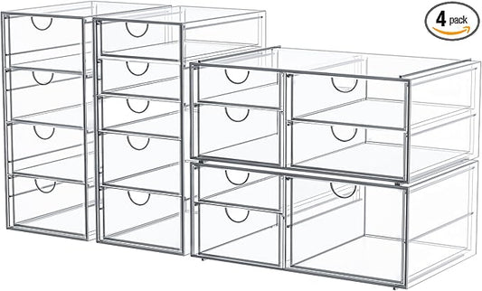 caktraie Makeup Organizer Storage with 16 Drawers, 4 Pcs Desktop Office Supplies, Desk Organizers, Clear Accessories, Dust...