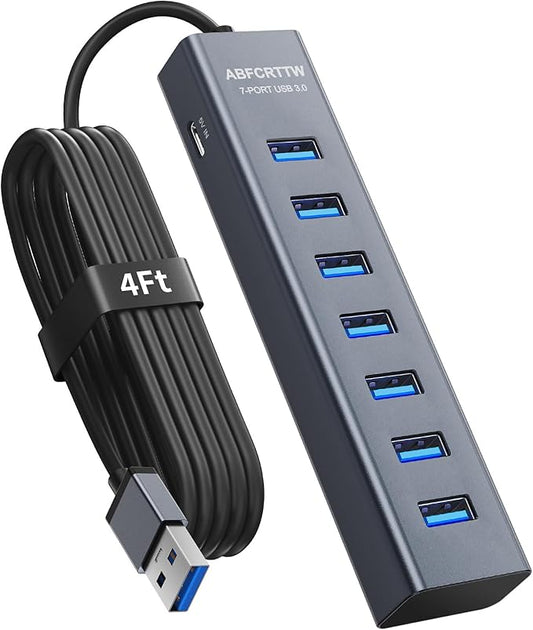 ABFCRTTW 4Ft 7-Port USB 3.0 Hub for Desktop - Aluminium USB Extender Hub 5Gbps, USB Multiport Adapter, USB Splitter, USB H...