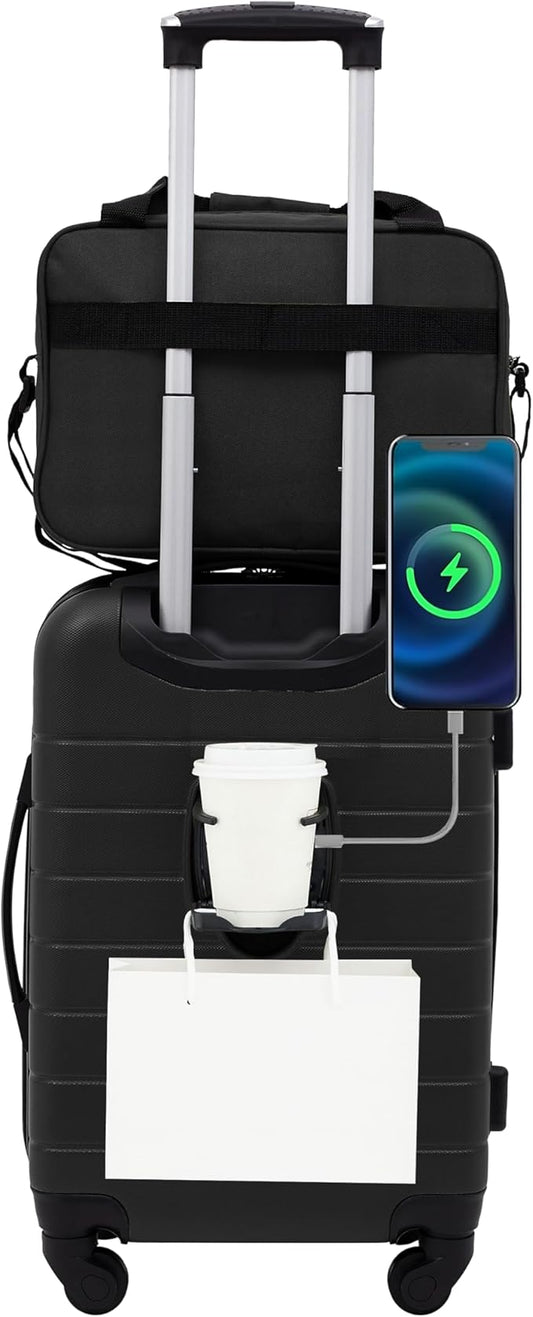 Wrangler Smart Luggage Set with Cup Holder, USB Port and Phone Holder, Black, 2 Piece Set