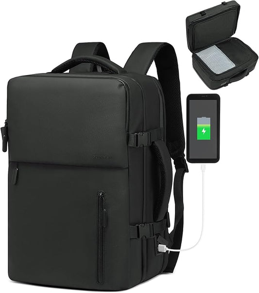 SUIKIHUM Lay Flat Carry on Travel Backpack, 30L Airline Approved, Fits 16" Laptop, USB-C & USB-A, Water Resistant, Black