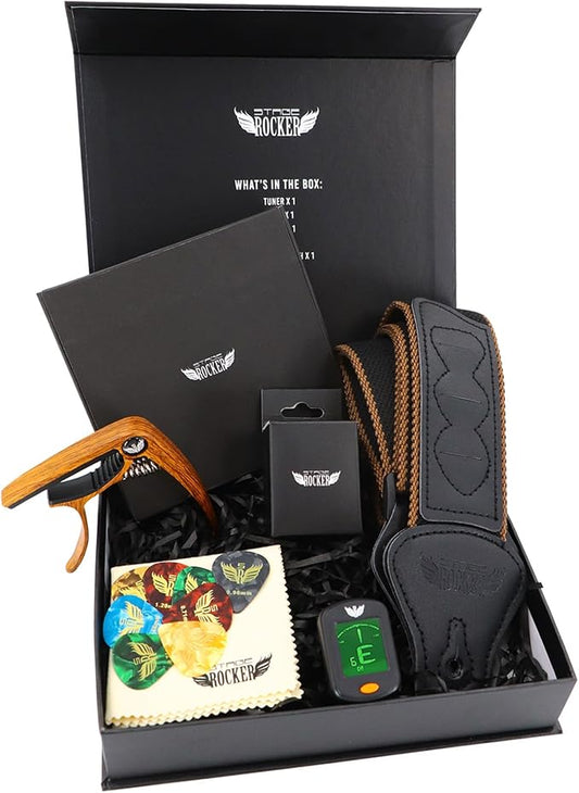 Stage Rocker Guitar Accessories Gift Box for Acoustic and Electric Guitars, 5-in-1 Essential Gift