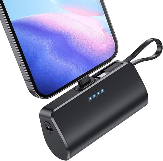 Mini Portable Charger for iPhone with Built-in Type-C Cable, 5200mAh Ultra-Compact Power Bank, PD 20W Fast Charging Batter...