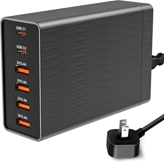 𝟐𝟎𝟐𝟒 𝗡𝗲𝘄 Multi USB Charger Block RISWOJOR, 40W Flat Plug 6 Port USB Charging Station with Auto Detect Safety, Multi...