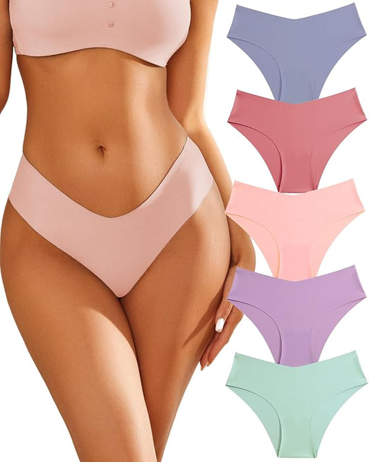 Women’s Seamless Underwear Soft Stretch Briefs Invisibles Hipster V Cut cheeky No Show Bikini Panties 5 pack XS-L