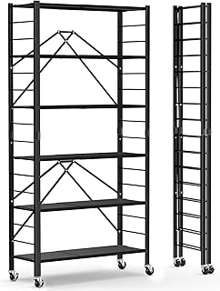 Himix 6 Tier Foldable Storage Shelves, Expandable Folding Bookshelf with Wheels, Changeable into 2 Shelf Units, Collapsibl...