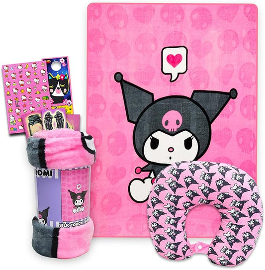 SANRIO Kuromi Neck Pillow and Blanket Set - Bundle Kuromi Travel Neck Pillow, Kuromi Fleece Blanket, Stickers, More | Kuro...