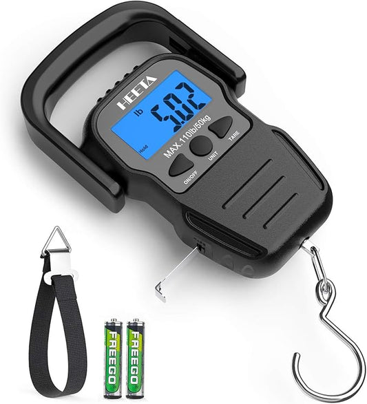 HEETA Fish Scale with Backlit LCD Display, Up to 110lb/50kg Digital Portable Hanging Fish Weight Scale with Hook & Measuri...