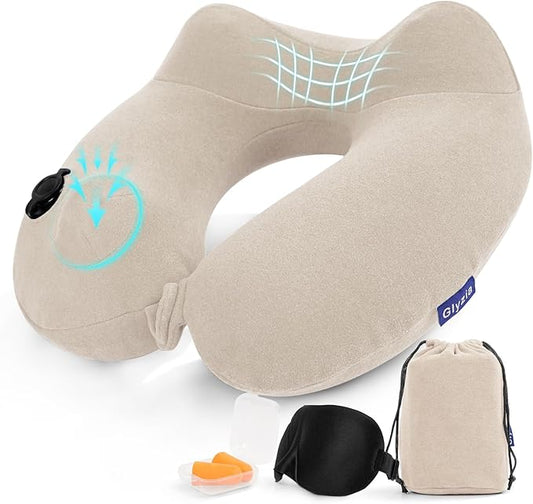 Glyzia Inflatable Travel Neck Pillow for Airplane, Head Support Velvet Adult Neck Pillow for Long Flight, Kit with Eye Mas...