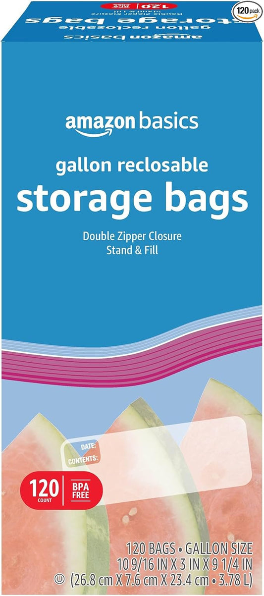 Amazon Basics Reclosable Gallon Food Storage Bags, BPA Free, 120 Count