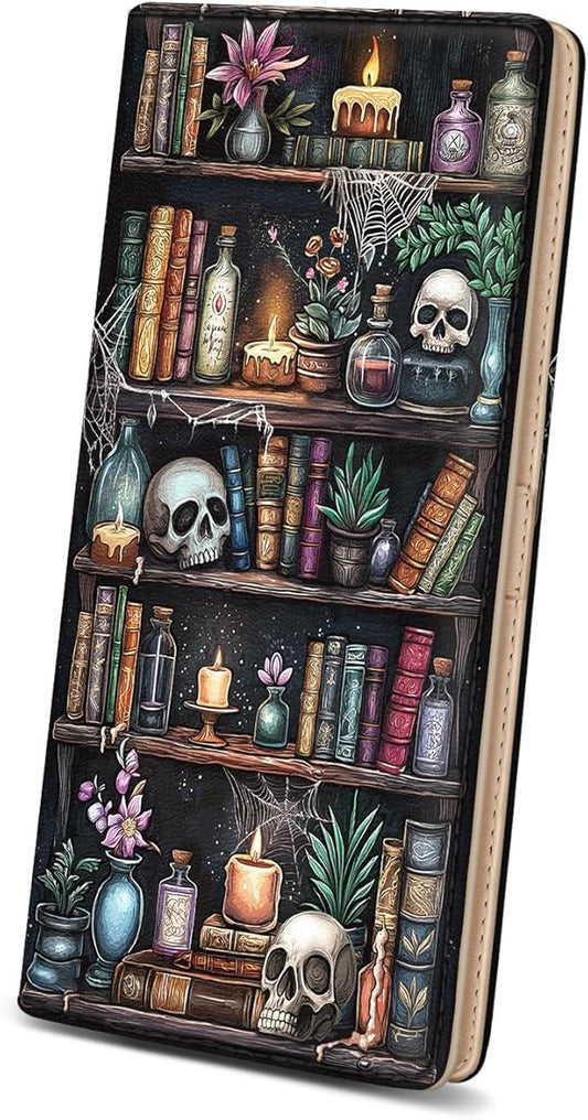 Immaturus Womens Wallet, Goth Skull Bookshelf Slim Thin RFID Blocking Credit Card Wallets, Long Bifold PU Leather Card Hol...
