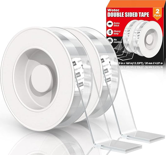 2 Pack Extra Large Double Sided Tape Heavy Duty Removable 1.18 Inch x 160 Inch, Clear & Tough Nano Tape, Multipurpose Moun...