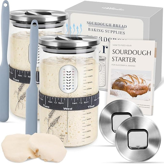 Sourdough Starter Jar 2 Pack, Sourdough Jar Wide Mouth, Sourdough Starter Kit, Sour Dough Starter Kits, Sourdough Bread Ba...