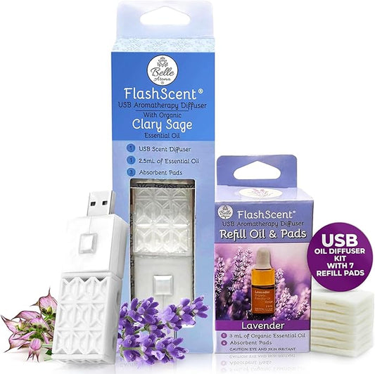 Belle Aroma® FlashScent™ USB Aromatherapy Bundle - for Car, Office, Home, and Travel - Includes 1 Pearl White Clary Sage O...