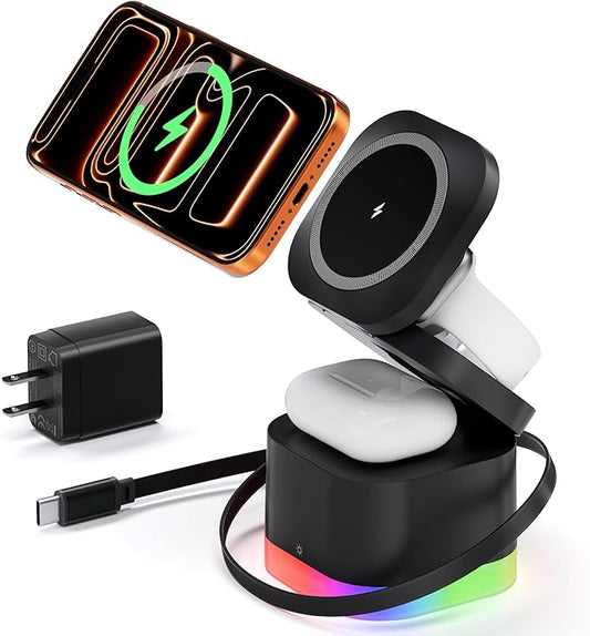 5 in 1 Magnetic Wireless Charger Stand with Night Light, Foldable Wireless Charging Station Built-in Retractable Cable, Fa...