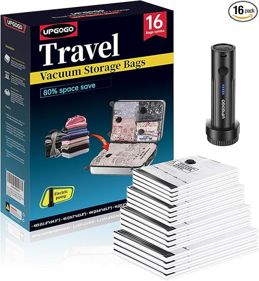 UPGOGO Combo 16 Pack Travel Vacuum Bags for Luggage with Portable Electric Pump,Vacuum Seal Bags for Clothing,Packing Cube...