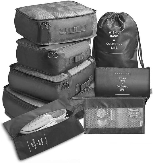 8-Piece Travel Packing Cube Organizer Set with Waterproof Luggage Bags & Mesh Tops for Clothes Shoes & Toiletries (Black)