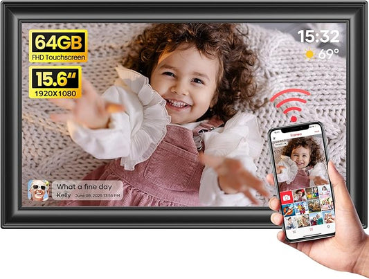 64GB 15.6" Frameo Digital Picture Frame WiFi, Large Electronic Photo Frames 1920 x 1080 IPS FHD Touch Screen, Send Photos ...