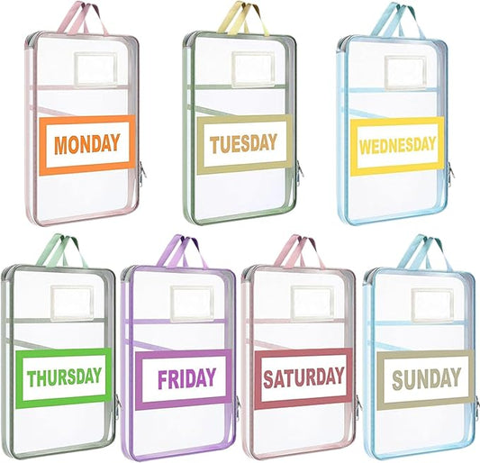 Weekly Clothes Organizer For Kids:7 Pack Colored Mesh Zipper Pouches A4 Size Breathable Storage Bags with Handles for Trav...